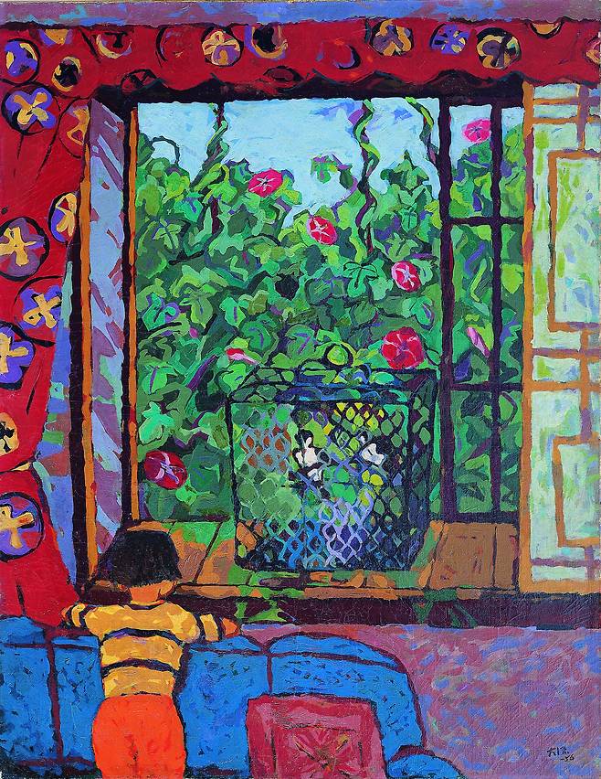 이대원, ‘창변’, 1956. 서울시립미술관 소장. 이대원이 다시 붓을 잡은 후 그린 작품이다. 창밖을 바라보는 어린아이는 둘째 딸을 모델로 한 것이다. 화가 마티스처럼 모든 사물을 평면적으로 해석한 것이 특징이다.