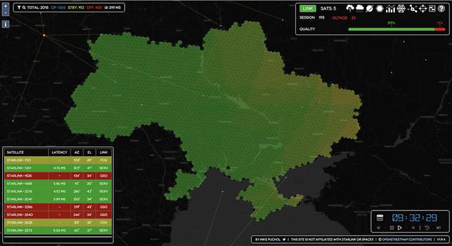 스타링크 사용지역 추적 웹사이트의 스크린샷. 우크라이나 전역이 서비스가 가능한 지역임을 뜻하는 녹색으로 표시돼 있다. https://spacenews.com/