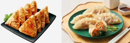 풀무원 꽉찬세모 두부김치만두(왼쪽)와 CJ제일제당 비비고 플랜테이블 김치왕교자(오른쪽). <각 사 제공>