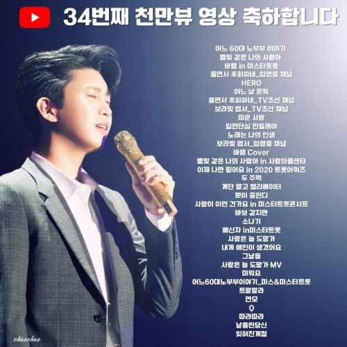 Singer Lim Young-woong has set a record of holding 34 10 million videos.As of the 21st, there were 30 images posted on Lim Young-woongs official YouTube channel, 3 images posted on TV Chosun YouTube channel, and 3 images including 1 image on Most Content YouTube channel.Lim Young-woongs Forgotten Season video has surpassed 10 million views as of the 21st, and has risen to the 34th 10 million view video.Lim Young-woong video, which has surpassed 10 million views, is about some 60s old couples story, My love like a star, I want in Mr Trot, I regret crying (Lim Young-woong channel), hero, One day I suddenly regret, I cry (TV Chosun channel), Portrait postcard (TV Chosun channel),  Lucky Love, One-sided Dandelion, Song is My Life, Song is My Life (Lim Young-woong Channel), Wish cover content, My Love in Love Callcenta like Starlight, Now I believe only in 2020 Mr. Trot Awards, Two fists,  Is this what love is like in Mr Trot Concert, Its stupid, Showers, Traitor in Mr Trot Concert, Love always runs, I have a lover, Days, Love always runs MV, I hate, What 60s old couple (TV Chosun Channel), Tralala, Wind Moisture, Q, Flying along, You and Forgotten Season were added.Lim Young-woong, known as a fan fool who takes care of fans, is actively communicating with fans through YouTube, fan cafes, and SNS.Lim Young-woong, the official YouTube channel of Lim Young-woong, opened on December 2, 2011, has various videos such as daily life, cover songs, and stage videos.The official YouTube channel has 1.3 million subscribers and 1.3 billion views on the channel, and the Lim Young-woong Shorts, an independent channel in the official YouTube channel, also has 21.8 million subscribers and more than 30 million views.In Lim Young-woongShorts, a small image such as the shooting behind-the-scenes, practice, and stage of Lim Young-woong is released in about a minute, and it gives small fun to viewers.Lim Young-woong, meanwhile, recently donated 100 million won to the fruit of love to help the victims who are suffering from large forest fires. Lim Young-woong said, I hope that it will be a little help for the residents who have lost their lives due to forest fires.In addition, heroic fans donated 260 million won through the fruit of love to help the victims of forest fires on the morning of the 11th.Lim Young-woong fan club Imhero supporters 10 million won, Hero era with Hero era 1.6.7. Seogyeong band 7 million won, hero era Changwon 5 million won and bottled water 1 million won, Hero era with Hero Busan Namsuhae 5 million won, Hero era with Hero Ulsan 3 million won, Hero era with Hero era with Ulsan 3 million won, With Hero Photovoltaics have been donated to the Korean Leukemia SocietyLim Young-woong