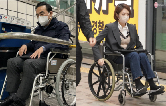 - 오늘(6일) 휠체어를 타고 출근한 박홍근 민주당 원내대표(왼), 고민정 의원(오) . 2022.4.6 SNS캡처