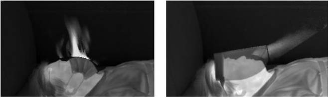 왼쪽이 비말 마스크를 썼을 때, 오른쪽이 쉴드 마스크를 썼을 때 호흡의 흐름이다. 아주대병원 제공