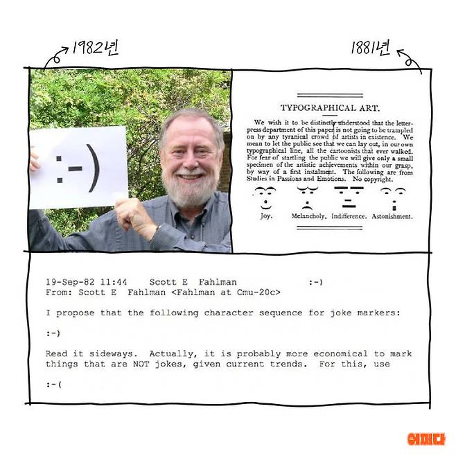 스콧 팔먼 교수가 1982년 웃음 이모티콘을 처음 제안했던 원문(아래), 1881년 모스부호로 만든 이모티콘(우측상단)