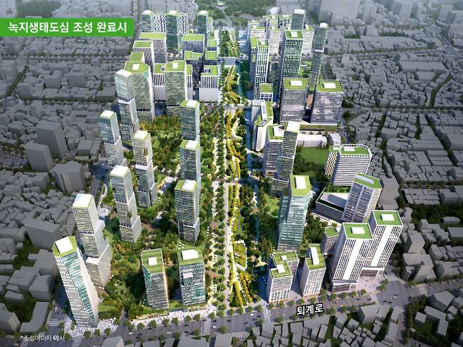 서울시가 사대문 안 낙후된 도심을 고밀도 복합 개발을 통해 정비하고 개발에 따른 공공기여를 이용해 녹지 공간을 대폭 확보하기로 했다. 관련 전략 완료됐을 때 퇴계로 인근 모습 상상도. | 서울시 제공
