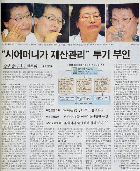 2002년 7월 30일자 한국일보. 헌정 사상 첫 여성국무총리 후보로 지명된 장상 전 이화여대 총장은 장남 병역 비리 등 각종 의혹으로 국회 임명동의를 받지 못했다.