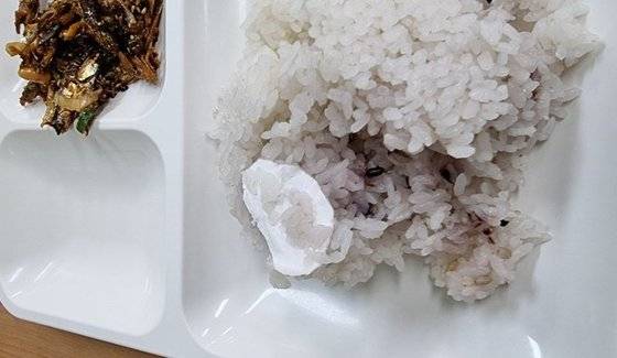 올해 초 운전사 A씨가 구내식당에서 식사하다 찍은 식판 모습. 밥에 쌀 포대 조각처럼 보이는 이물질이 들어 있다. 사진 서울시버스노조