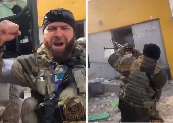 “체첸 민병대, 철수 전 아군 러시아 부상병까지 죽였다”(사진=체첸 민병대가 마리우폴 주택가를 파괴하는 모습 / 람잔 카디로프 텔레그램)