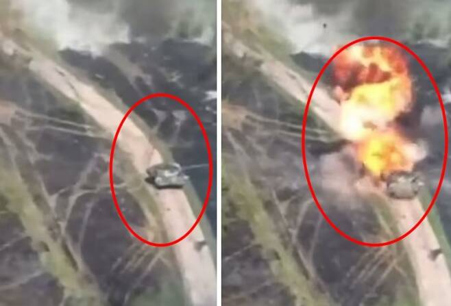 러시아군이 자랑하는 최첨단 탱크가 우크라이나군 공격에 격파되는 모습 영상 캡쳐. 우크라이나 국방부 제공