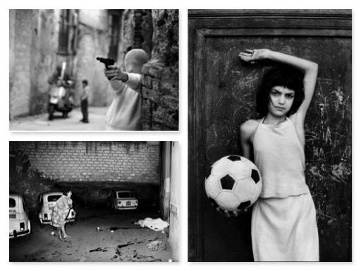 장난감 권총으로 마피아 놀이에 한창인 팔레르모 소년(1982), 축구공을 든 팔레르모의 한 소녀(1980), 카놀리를 사러 나갔다가 마피아에 의해 살해된 남편 시신 앞에서 오열하는 여인.(왼쪽 위사진부터 시계방향) 레티치아 바탈리아 사진.