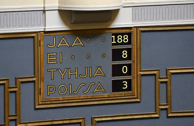 핀란드 정부의 나토 가입 결정에 대한 핀란드 의회의 투표 결과. (사진= AFP)