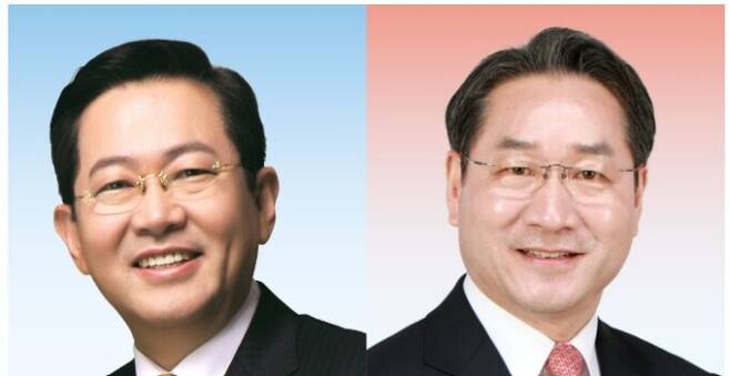 박남춘 민주당 인천시장 후보(왼쪽), 유정복 국민의힘 인천시장 후보. 뉴스1