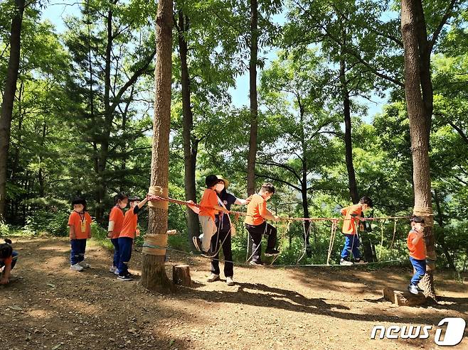 충주국유림관리소가 운영하는 산림복지시설에서 유치원생들이 산림체험을 하고 있다.© 뉴스1