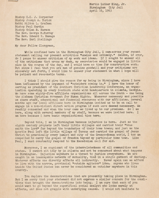 마틴 루서 킹이 1963년 4월 버밍엄 감옥에서 쓴 편지. aspeninstitute.org