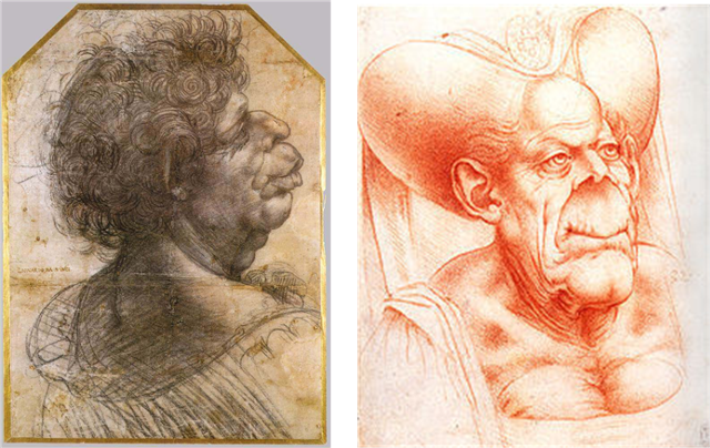 레오나르도의 그로테스크한 캐리커처 두상들. 빨간 분필로 그린 오른쪽 드로잉은 캉탱 마시의 '추한 공작부인'과 매우 유사하다. 과거 수 세기 동안 덜 알려진 북유럽 예술가인 캉탱 마시가 레오나르도의 드로잉을 모사했을 거라고 추정되었다. 그러나 최신 연구에 따르면, 마시와 레오나르도가 예술 작품을 서로 주고 받으며 교류했고 레오나르도 또는 그의 제자가 캉탱 마시의 그림을 모사한 것으로 밝혀졌다. 당시 예술가들 사이에서 그로테스크한 그림에 대한 흥미와 공감대가 널리 퍼져있었음을 말해준다.