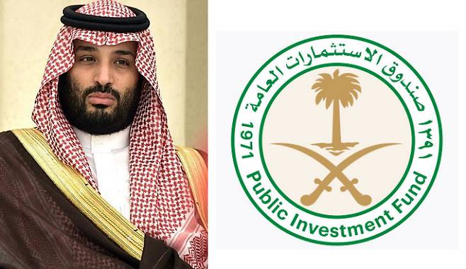 무함마드 빈 살만 사우디아라비아 왕세자(왼쪽)와 퍼블릭인베스트펀드 로고.   위키피디아