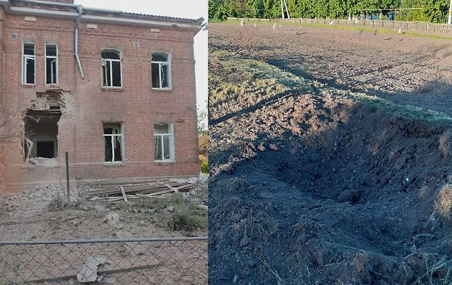 우크라이나군의 포격으로 러시아 서부 쿠르스크주(州)의 국경 마을인 테트키노에 발생한 피해 모습. [로만 스타로보이트 텔레그램]