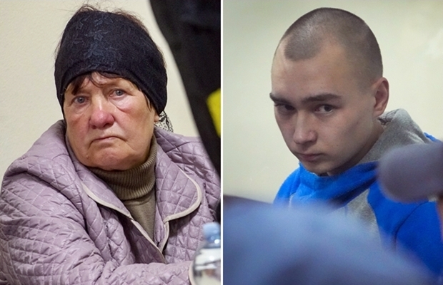 18일(현지시간) 우크라이나 수도 키이우 솔로미안노스키 지방법원에서는 전쟁범죄 혐의로 기소된 러시아 칸테미로프스카야 탱크 사단 소속 바딤 쉬시마린(21, 오른쪽) 하사에 대한 두 번째 공판이 열렸다. 이날 공판에서 쉬시마린 하사는 자신에게 적용된 모든 혐의를 인정했다. 공판에는 하사가 살해한 민간인 올렉산드르 셸리코브(62)의 아내(왼쪽)도 증인으로 출석했다. 남편을 죽인 러시아 군인을 보기 위해 차를 타고 5시간을 달려온 아내는 앳된 러시아 군인을 복잡한 표정으로 바라봤다./로이터, AP 연합뉴스