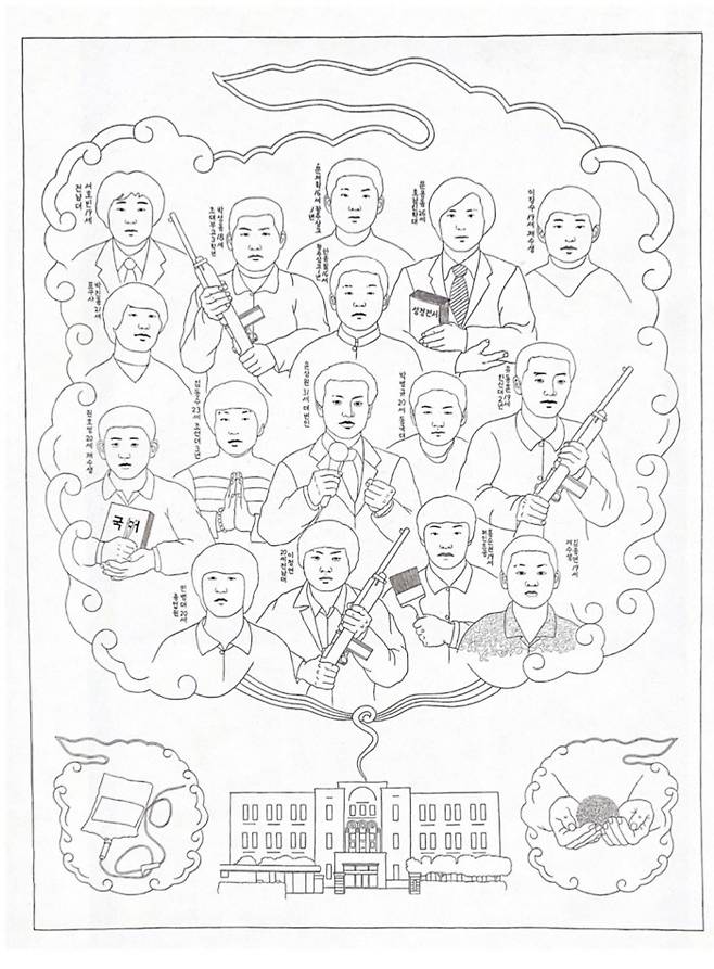 이상호, 도청을 지킨 새벽의 전사들(밑그림), 200x150cm, 한지에 먹, 2002 ⓒ이상호
