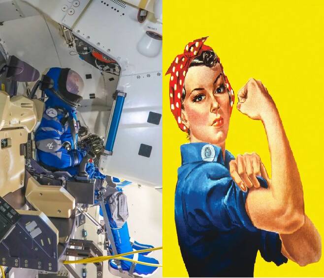 보잉의 스타라이너에 탑승한 마네킨 '로켓조종사 로지'(왼쪽)와 2차 대전 당시 정부의 홍보 포스터에 나온 '리벳공 로지'(오른쪽)./보잉, 미국방부