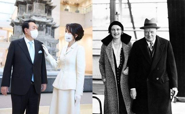 윤석열 대통령-김건희 여사와 윈스턴 처칠-그의 부인 클레멘타인 처칠(오른쪽 사진·1932년 촬영). 각 촬영 시기를 기준으로 윤 대통령 내외의 나이는 62세-50세, 처칠 부부의 나이는 58세-47세다. 김건희 여사 제공·플리커