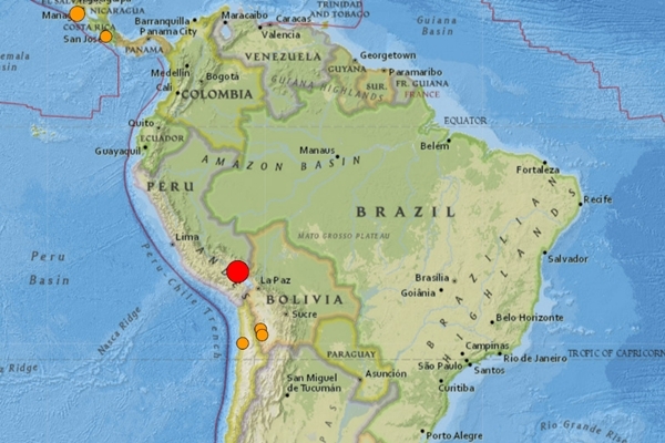 미국 지질조사국은 26일(한국시간) 오후 9시2분 페루 남부에서 규모 7.2의 지진이 발생했다고 밝혔다. 빨간색 원이 발생 지점이다. 미국 지질조사국 홈페이지