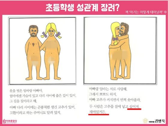 여성가족부가 일부 초등학교에 배포한 성교육 서적 〈아기는 어떻게 태어날까〉 일부는 '조기 성애화'를 우려하는 시민들의 반발에 부딪혔다. 사진 김병욱 미래통합당 의원실