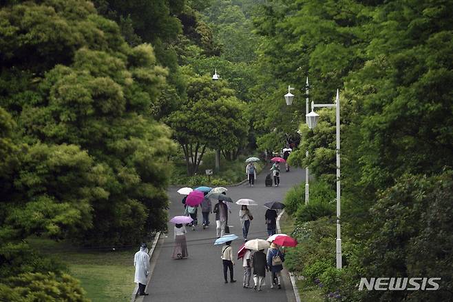 [요코하마=AP/뉴시스] 일본 도쿄 부근 요코하마에 있는 공원을 12일 찾은 시민들이 비가 내리는 속에서 산책을 즐기고 있다. 2022.05.24