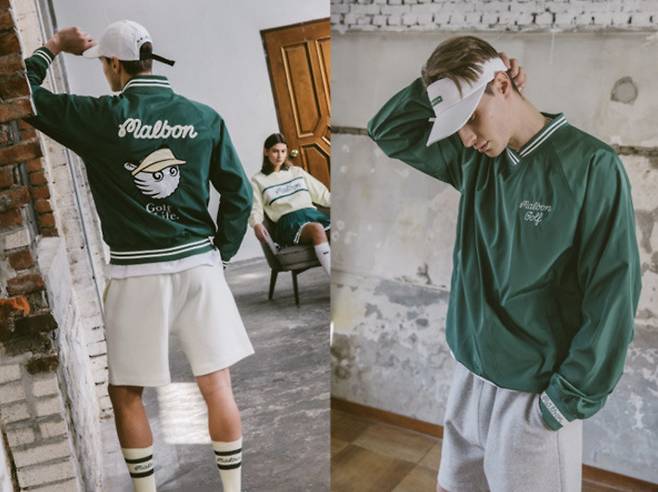 상의 후면에는 캐릭터가, 전면에는 로고가 디자인 된 말본골프 의류