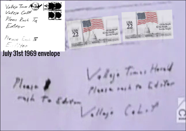 조디악이 1969년 7월 31일 발레이오 타임스 헤럴드로 발송한 편지 봉투 겉면.
