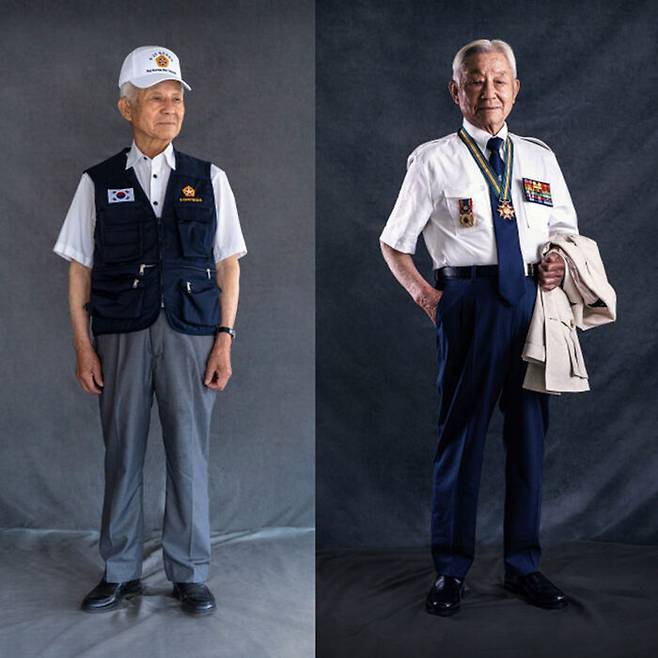 사진은 기존 단체복(왼쪽)과 새 단체복을 입은 장근식 6·25참전유공자회 부회장.