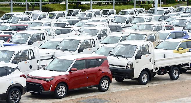 지난 14일 광주시청 문화광장 내 야외음악당에 기아차 광주공장에서 생산한 차량 400여대가 임시 보관돼 있다. /뉴스1