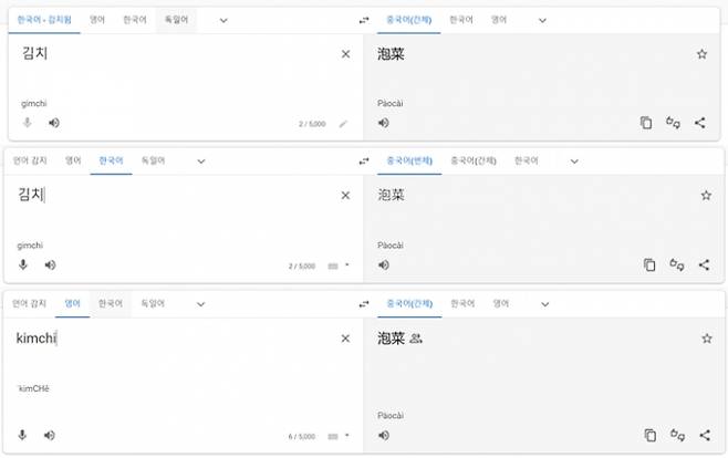 구글 번역기에서 김치가 '파오차이'(泡菜)로 오역되는 것을 확인한 서경덕 교수가 구글 측에 정정을 요청했다. /사진=구글번역기 갈무리