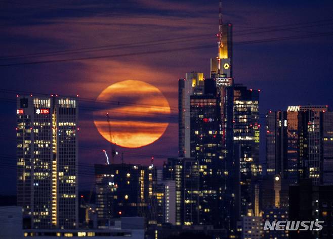 [프랑크푸르트=AP/뉴시스] 14일(현지시간) 독일 프랑크푸르트 은행가의 건물 뒤로 슈퍼문이 떠오르고 있다. 달이 지구와 가까워 발생하는 '슈퍼문' 보름달은 6월에는 '스트로베리 문'(Strawberry Moon)이라고도 불린다. 2022.06.15