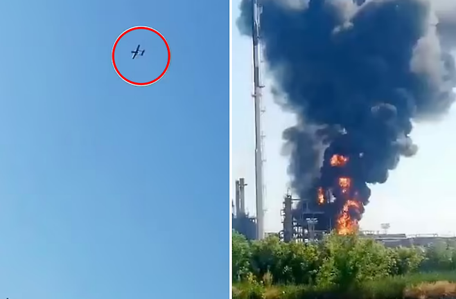 왼쪽은 로스토프주(州) 노보샤흐틴스크의 한 정유공장을 공격한 우크라이나군 드론, 오른쪽은 공격 받은 러시아 남부 최대 정유공장
