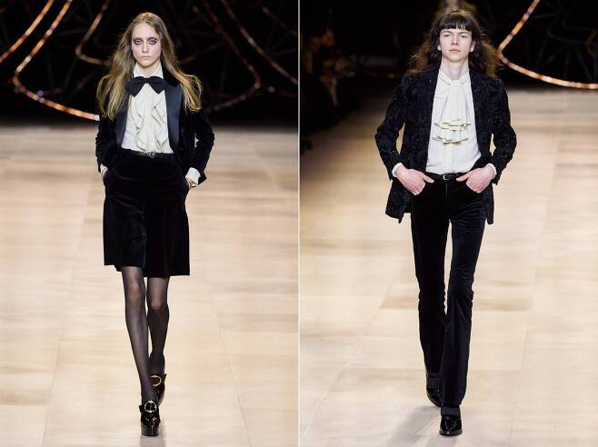남녀 통합으로 진행된 셀린느 2020 가을 컬렉션. 여성 모델(왼쪽)은 턱시도 형태의 재킷과 타이를 착용했고, 남성 모델은 러플 장식 블라우스를 입었다./셀린느