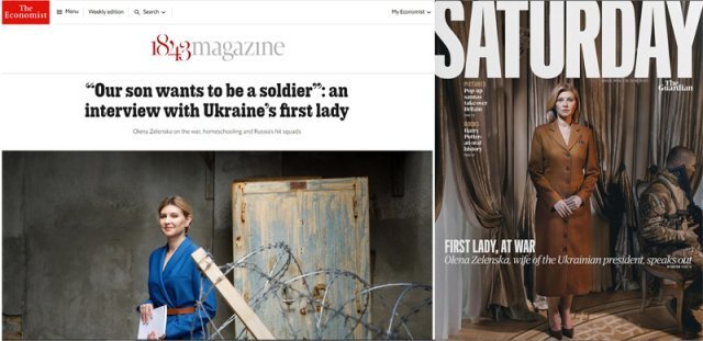 이코노미스트 “우리 아들이 군인이 되고 싶대요”: 우크라이나 영부인 인터뷰(왼쪽)-가디언 ‘전시 영부인’ 올레나 젤란스카의 이야기(오른쪽) 기사 화면 캡처