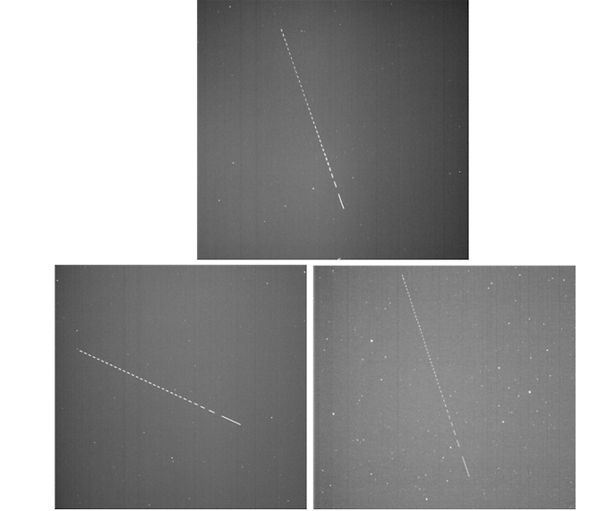 한국천문연구원은 24일 ‘우주물체 전자광학 감시 시스템(OWL-Net)’으로 누리호의 3단 로켓(위 사진)과 성능검증위성(아래 왼쪽 사진), 위성 모사체(아래 오른쪽 사진)가 지구 궤도를 도는 장면을 촬영했다고 밝혔다. 한국천문연구원 제공