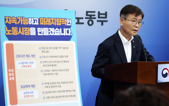 이정식 고용노동부 장관이 23일 주52시간제 개선과 임금체계 개편 방향을 발표하고 있다. 연합뉴스
