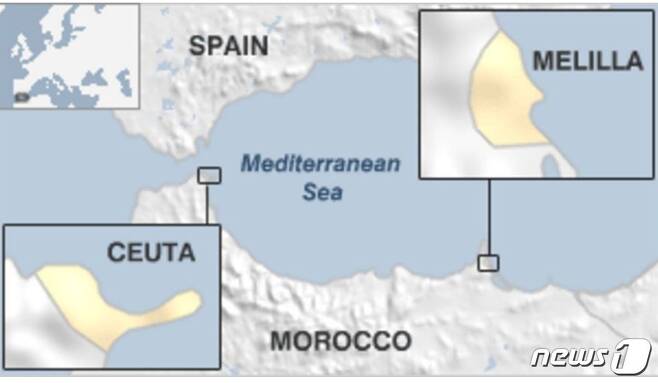 북아프리카 모로코와 스페인령 세우타와 멜리아.(BBC 캡처) © 뉴스1
