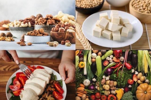 (시계 방향으로) 견과류·두부·식이섬유가 풍부한 채소·닭가슴살. ⓒ게티이미지뱅크