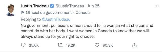 쥐스탱 트뤼도 캐나다 총리가 미국 연방대법원이 임신중지(낙태)권 판례 폐기를 결정한 24일 자신의 트위터에 올린 글. 트뤼도 총리는 "어떤 정부나 정치인, 혹은 남성도 여성에게 그들의 몸과 관련해 무엇을 할 수 있고 할 수 없는지 말해선 안 된다"고 적었다. 트뤼도 총리 트위터 캡처