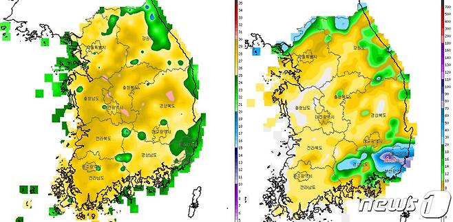 27일 오후 2시 기준 전국 기온 분포(왼쪽)와 일단위 일강수량 분포도(기상청 제공) © 뉴스1