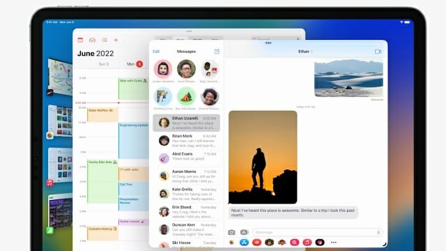 WWDC 22에 공개된 새 아이패드OS의 스테이지 관리자 기능. 이 기능을 이용하면 한 화면에 앱을 최대 4개까지 동시에 띄울 수 있다. (사진=애플)