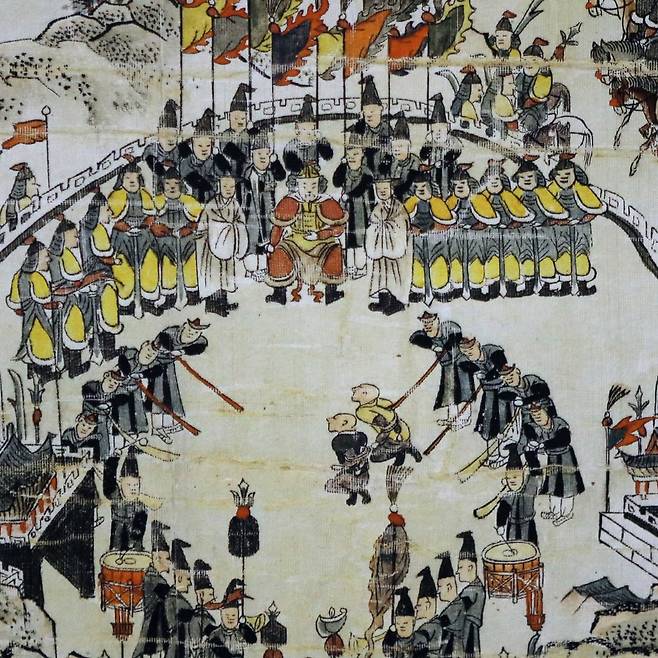 The contemporaneous painting titled “Jangyanggongjeongtosijeonbuhodo” depicts Jurchen invaders being punished. Adm. Yi Sun-sin, then a junior officer, is listed as being present at the scene. Photo © Hyungwon Kang
