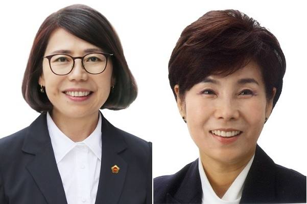 더불어민주당이 12대 전북도의회 의장 후보로 선출한 국주영은 의원(왼쪽)과 행정자치위원장 후보로 선출된 김이재 의원