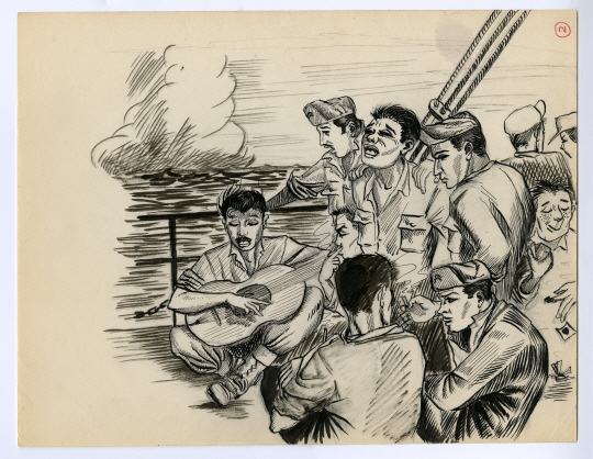 6·25전쟁 당시 미군 배속 멕시코인 참전용사 세자르 아우구스토 보르자의 그림. ‘일본에서 배를 타고 한국으로 가던 순간’. 28일 전쟁기념관에서 개막하는 6·25전쟁 참전용사 특별전에 전시된다. 국방부 제공