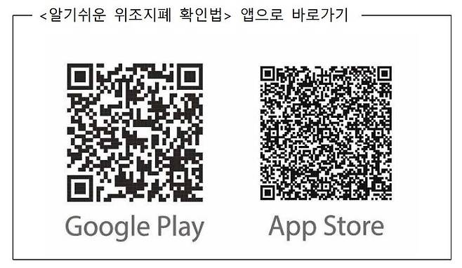 한국은행과 국립과학수사연구원이 공동으로 개발한 '알기 쉬운 위조지폐 확인법' 앱 바로가기
[한은 제공. 재판매 및 DB 금지]