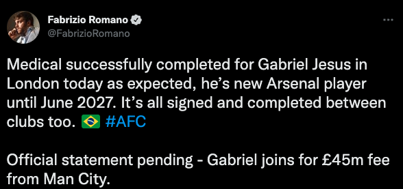 가브리엘 제주스의 메디컬 완료를 밝힌 파브리시오 로마노. 사진|파브리시오 로마노 SNS 캡쳐