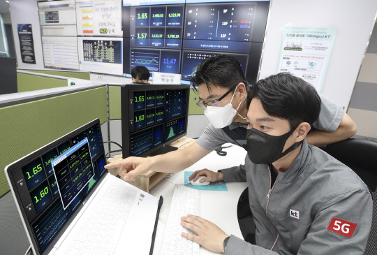 KT 직원들이 서울 목동IDC2센터에 시범 적용된 'AI IDC 오퍼레이터'를 모니터링하고 있다. KT 제공