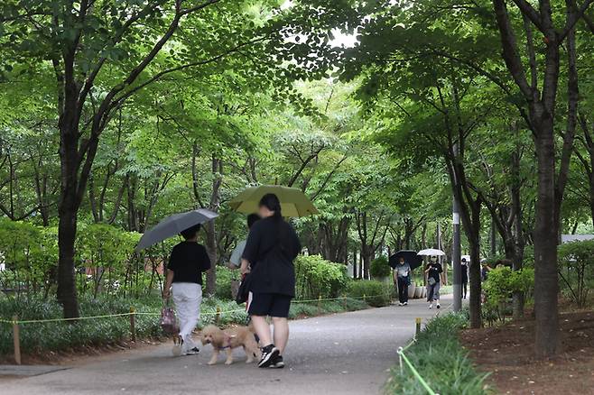 지난 27일 서울의 한 공원에서 반려동물과 산책하는 시민. 연합뉴스